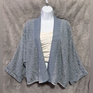 Poetry Cardigan Womens 10 Short Kimono Blue 3/4 Sleeve Open Artsy Pattern Knit